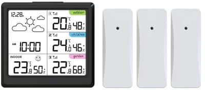 Draadloos Weerstation - Digitale Weermelder - Binnen Buiten Meten - Drie Afstandssensoren - Temperatuur Vochtigheid - Zwart