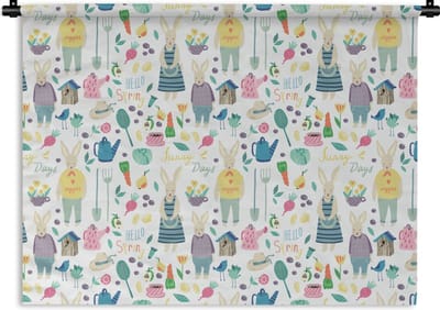 Wandkleed - Wanddoek - Patronen - Konijn - Lente - Tuin - 120x90 cm - Wandtapijt