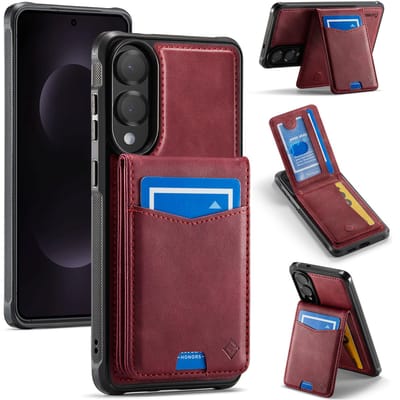 Casemania Hoesje Geschikt voor Samsung Galaxy S25 Edge - Burgundy Red - Back Cover met Afneembare Magnetische Pasjeshouder met Standaard - Telefoonhoesje en Kaarthouder
