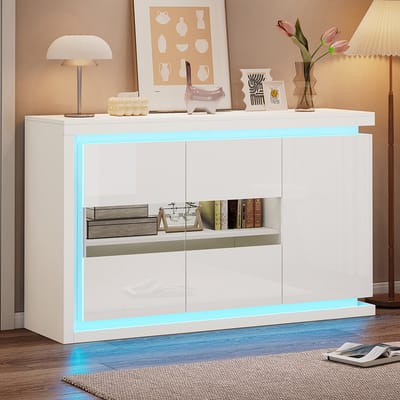Pugsdrly 140*40*84 cm Salonkast, moderne ladekast met 4 compartimenten, breedte 140 cm, bijzetmeubel met LED-lichtstrip, glanzend dressoir met deuren van gehard glas, geschikt voor gangen, salons, kantoren