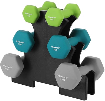 Damenzo - Dumbbellset - Dumbbells - 1/2/3 Kg - 6 stuks - Fitness - Fitness gewichten - Gewichten set - Krachttraining - Inclusief rek