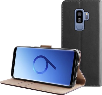 BMAX Leren book case hoesje geschikt voor Samsung Galaxy S9 Plus / Lederen book cover / Beschermhoesje / Telefoonhoesje / Hard case / Telefoonbescherming - Zwart