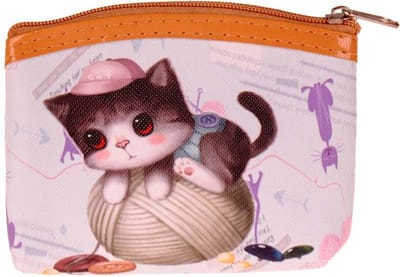 Kleine Portemonnee - Cartoon Poes Wol & Knoopjes - Roze/Lila - Ritsje - 11x9x1.5cm