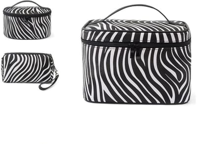 KZQ make-uptasje met spiegel, rits en zebraprint - compact en lichtgewicht - geschikt voor dames, voor op reis en dagelijks gebruik - zwart/wit - 21,5 x 16,5 x 15,5 cm