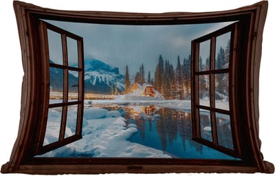 Buitenkussens - Doorkijk - Winter - Landschap - Natuur - Huis - Bergen - 60x40 cm - Weerbestendig
