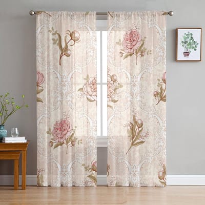 Bloemen Bladeren Dahlia Vintage Voile Transparante Gordijnen Woonkamer Raam Chiffon Tule Gordijn Keuken Slaapkamer Gordijnen Huisdecoratie 135W x 114H(cm) white
