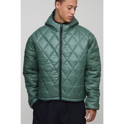Hoge oversized boxy hoogglanzende gewatteerde capuchon funnel puffer jas | Khaki | Size Small