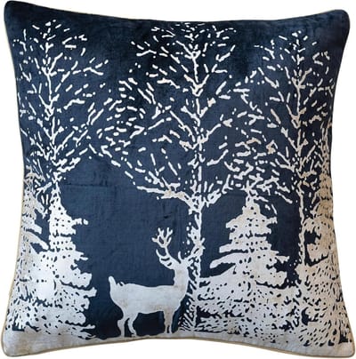 Decoratief Sierkussen - Fluwelen Kussen - Winter Decoratie - Folieprint Winterscène - 50x50 cm - Marineblauw Wit