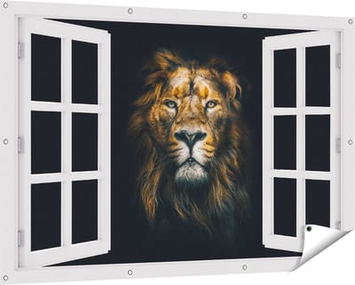 Gards Tuinposter Doorkijk Leeuw - Leeuwenkop - Kleur - 150x100 cm - Tuindoek - Tuindecoratie - Wanddecoratie buiten - Tuinschilderij