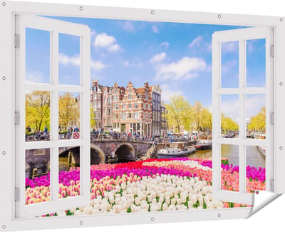 Gards Tuinposter Doorkijk Amsterdamse Huisjes aan de Grachten - 180x120 cm - Tuindoek - Tuindecoratie - Wanddecoratie buiten - Tuinschilderij