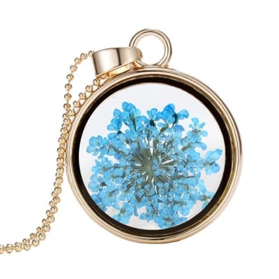 Fako Bijoux® - Ketting - Gedroogde Bloem - Rond - Goudkleurig - Blauw