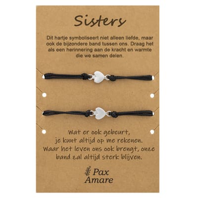 BFF Armbandjes voor 2 Sisters met Kleine Hartjes - Zilverkleurig - Persoonlijk Cadeau Kaartje - Vriendschap Cadeau - Pax Amare