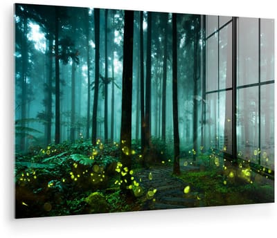 ® Glasschilderij 180x120 cm - Schilderij acrylglas - Vuurvliegjes verlichten een bos - Foto op glas - Muurdecoratie woonkamer - Wanddecoratie slaapkamer - Schilderijen