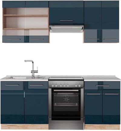 Vicco Fame-Line keukenkasten – 200 cm, WB Marmer Donkerblauw hoogglans/gouden eik