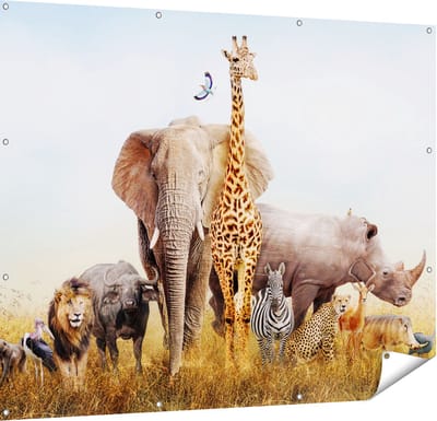 Gards Tuinposter Afrikaanse Dieren op het Gras - Afrika - 150x120 cm - Tuindoek - Tuindecoratie - Wanddecoratie buiten - Tuinschilderij