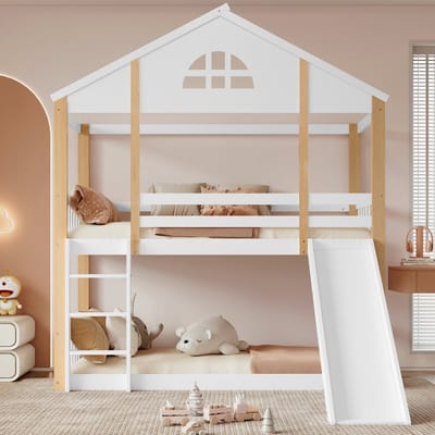 Wishdor Stapelbed 90 x 200 cm - Glijbaan en Hoektrap - Huisbedontwerp - Open Onderste Ruimte - Links-Rechts Uitwisselbaar - Natuurlijke Houten Steunpoten - FSC-gecertificeerd - Massief Grenenhout en MDF - Wit en Naturel