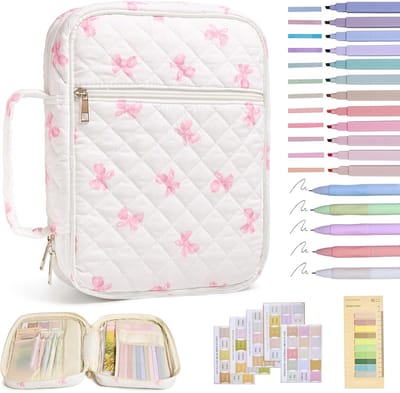 KZQ Boekorganizer tas - Bijbelhoes - Bijbel draagtas - 30x23x8 cm - 12 gekleurde markeerstiften, geschikt voor meisjes, benodigdheden voor Bijbelstudie - roze strik