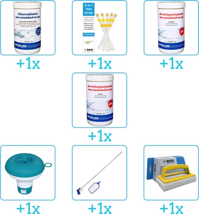 Zwembad Onderhoudspakket - Onderhoud Zwembad - bevat Chloor - Testrips - PH-min - PH-plus - Chloordrijver - Schoonmaakset en Scrubborstel (7-delig)