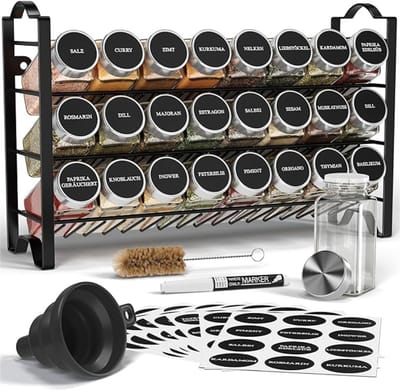 Verte Kruidenrek - Kruidenrek met Kruidenpotjes - 3-Laags Metalen Kruidenorganizer - Keukensorteerset met 24 Kruidenpotjes - 48 Labels - Borstel - Trechter - Haken - Vrijstaand of Aan de Muur te Bevestigen - Zwart