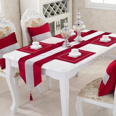 Famanu - Rode elegante tafelloper voor kerstdiner-tafeldecoratie, luxe tafellopers met glanzende diamantstrip en kwastjes, 30 x 213 cm