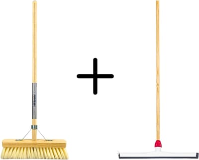 Synx Tools Fibersoft 30cm + Vloertrekker Kunststof 45cm met Steel 120cm – Zaalveger – Vloerreiniger – Natuurrubber – Zachte binnenbezem met steel 140cm