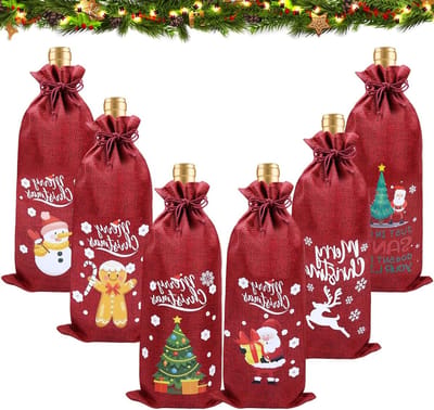 Kerst Wijn Tas van Jute, Flessenhoes voor Kerst, Decoratie voor Feestdagen en Eten, Herbruikbare Wijnverpakking met Trekkoord en Stijlvolle Rode Kleur