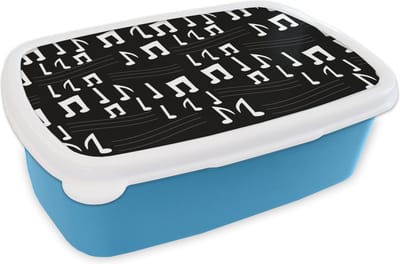 Broodtrommel Blauw - Lunchbox - Brooddoos - Muziek - Zwart Wit - Patroon - 18x12x6 cm - Kinderen - Jongen