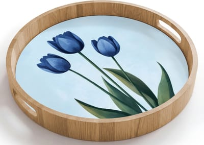 Dienblad rond 40x40 cm - Schootdienblad hout - Tulpen - Blauw - Bladeren - Borrelplank rechthoek - Plateau houten dienbladen