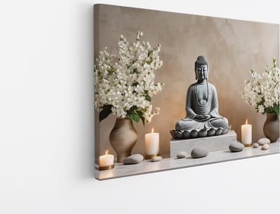 Saammp Canvas Schilderij - Boeddha met kaarsen en bloemen - 45x30 - Foto op canvas - Wanddecoratie - Muurdecoratie Woonkamer - Canvas schilderijen