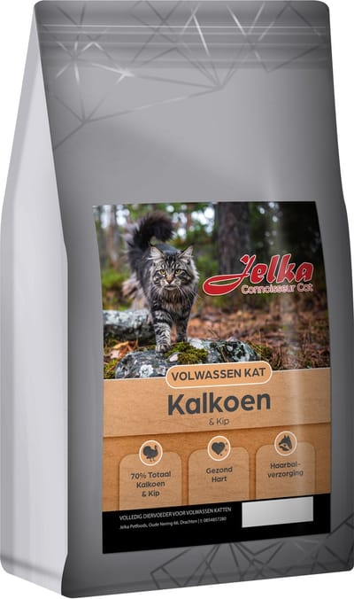 Jelka Kattenvoer 5kg Kalkoen & Kip – 70% Dierlijke Eiwitten – Graanvrij Droogvoer – Met Versbereide Ontbeende Kalkoen & Kip – Voor Volwassen Katten
