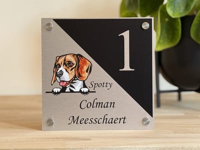 Naambordje / huisnummer voordeur | hond | Beagle | 20x20cm | rvs-look | RVS afstandhouders
