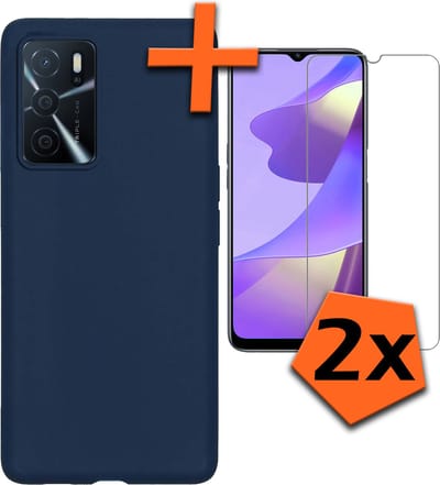 Hoes - Met 2x Screenprotector - Geschikt voor OPPO A16s - Sterk & Shockproof - Back Cover - Siliconen Case - Telefoon Hoes - Donkerblauw