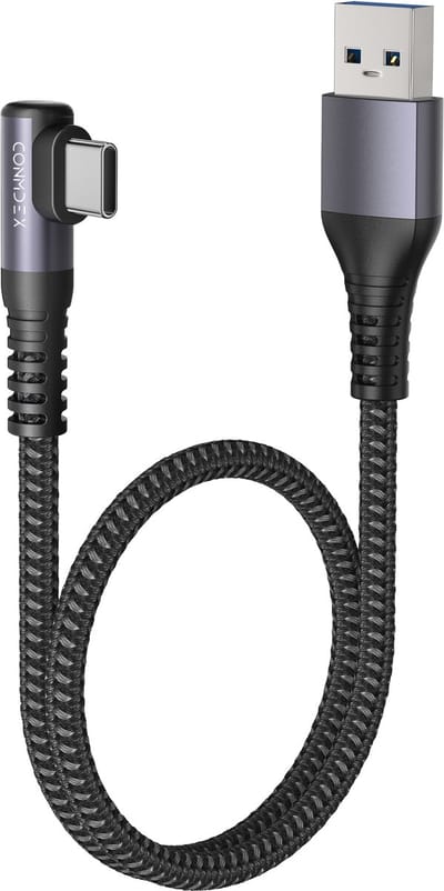 CONMDEX Haakse USB C naar USB A Kabel 0.5m - 10Gbps USB 3.1 Gen 2 Korte Kabel - 90 Graden Snellaadkabel 3.1A QC 3.0 Nylon Gevlochten - voor Android Auto, Carplay, iPhone 16 15 Pro Max, Samsung Galaxy S25 S24, Draagbare SSD - Ruimtegrijs