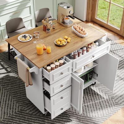 Keukeneiland - Serveertafel - Extra werkruimte - Inklapbaar blad - 110 cm breed - Wit