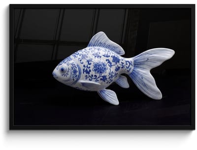 Poster in lijst - Fotolijst 90x60 cm - Posters - Porselein - Goudvis - Delfts - Blauw - Posterlijst zwart - Decoratie - Wanddecoratie woonkamer - Muurdecoratie slaapkamer