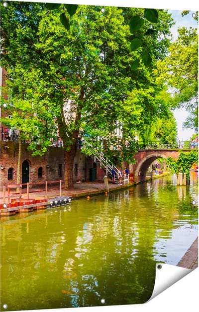 Gards Tuinposter Oudegracht in Utrecht - 90x120 cm - Tuindoek - Tuindecoratie - Wanddecoratie buiten - Tuinschilderij