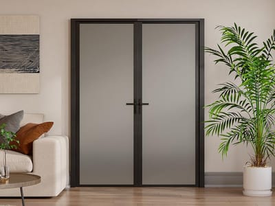 Vente-unique Omkeerbare dubbele deur in aluminium en mat gehard glas - 2 x H204 x B73 cm - Zwart - LOXTON