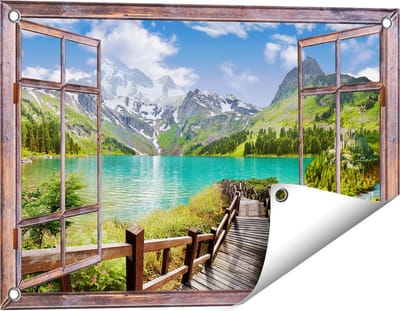 Gards Tuinposter Doorkijk Pad naar een Helder Blauw Meer in de Bergen - 60x40 cm - Tuindoek - Tuindecoratie - Wanddecoratie buiten - Tuinschilderij