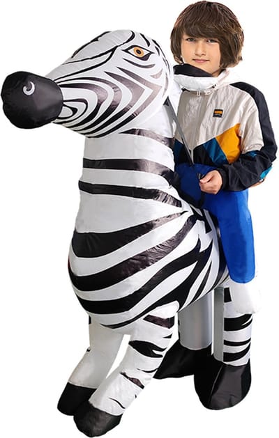 KIMU® Opblaas Kostuum Kinderen Rijdend op Zebra - Opblaasbaar Pak - Maat 122 128 134 140 146 152 - Zebrapak Mascotte Opblaaspak - Opblaasbare Zebra Safari Afrika Paard Festival