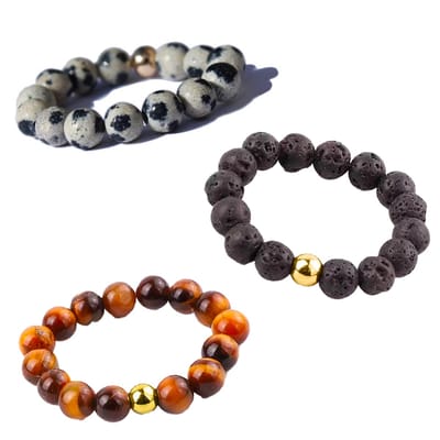 Bixorp Gems Edelstenen Ringen Set Dalmatiër Jaspis + Lavasteen + Tijgeroog - Kralenring