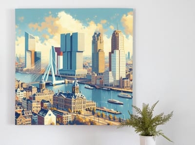 Olieverf rotterdam schilderij | Prachtig schilderij van Rotterdamse skyline in levendige olieverfweergave | Kunst - 75x75 centimeter op Forex | Foto op Forex