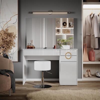 Vicco Dressing table "Adela", White High gloss, 115 cm with stool
