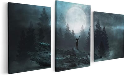 Artaza Canvas Schilderij Drieluik Hert Op Een Rots Tijdens Volle Maan - 120x60 - Foto Op Canvas - Canvas Print