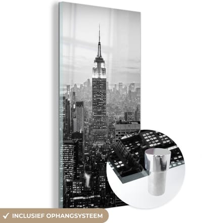 MuchoWow® Glasschilderij 20x40 cm - Schilderij acrylglas - New York City zwart-wit fotoprint - Foto op glas - Schilderijen