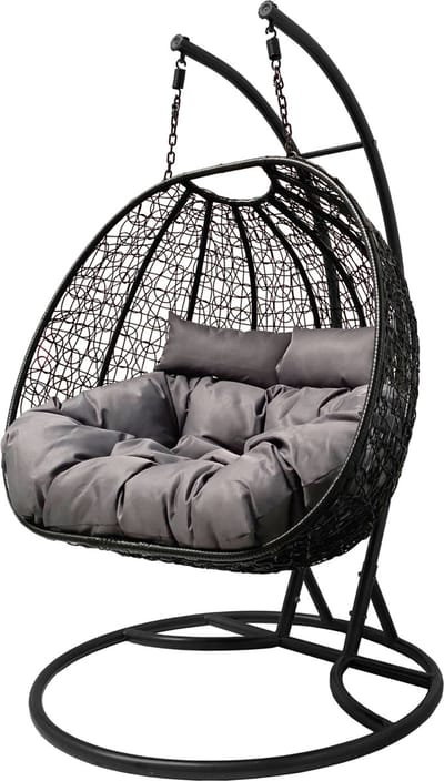 Rijoka Hangstoel Dubbel Eggy Twisted Schommelstoel – Zwart Rattan- 2persoons - Grijs kussen