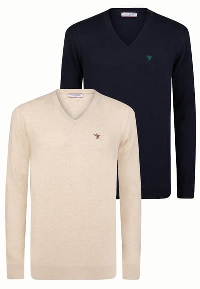 Felix Hardy Sweater Met V-Hals - 2 Pack Trui - 100% Katoen Heren Beige-Navy - L