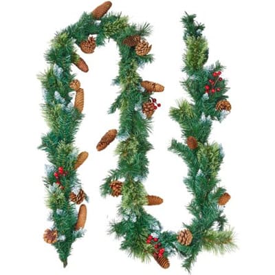 VEVOR Kerstkrans, 2750 mm Kunstmatige Dennenkrans met Lichtsnoer, Kerstdecoratie met Bessentrossen, Dennennaalden, Dennenappels, Realistische Kerstcollectie voor Schoorsteenmantel & Open Haard