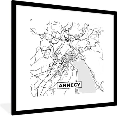 Fotolijst incl. Poster Zwart Wit- Frankrijk - Kaart - Plattegrond - Annecy - Stadskaart - Zwart wit - 40x40 cm - Posterlijst
