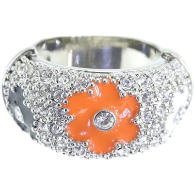 Behave - Ring - Zilverkleurige statement ring met oranje, witte en zwarte bloemen en kristallen – Retro chic & dopamine dressing