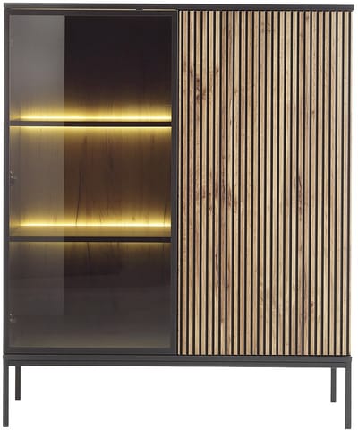Vente-unique Vitrinekast met 2 deurtjes met ledverlichting van mdf en gerookt glas - Zwart en naturel - OVILA